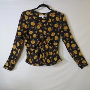 Veronica Beard Maisle Silk Ruched Top Blouse Floral Black Yellow Size Small